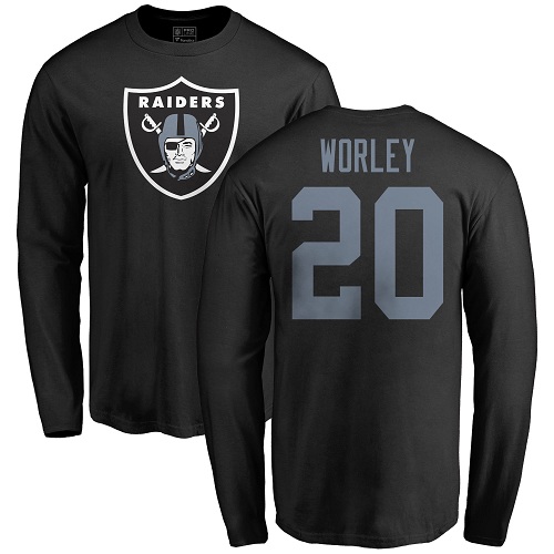 Men Oakland Raiders Olive Daryl Worley Name and Number Logo NFL Football #20 Long Sleeve T Shirt->nfl t-shirts->Sports Accessory